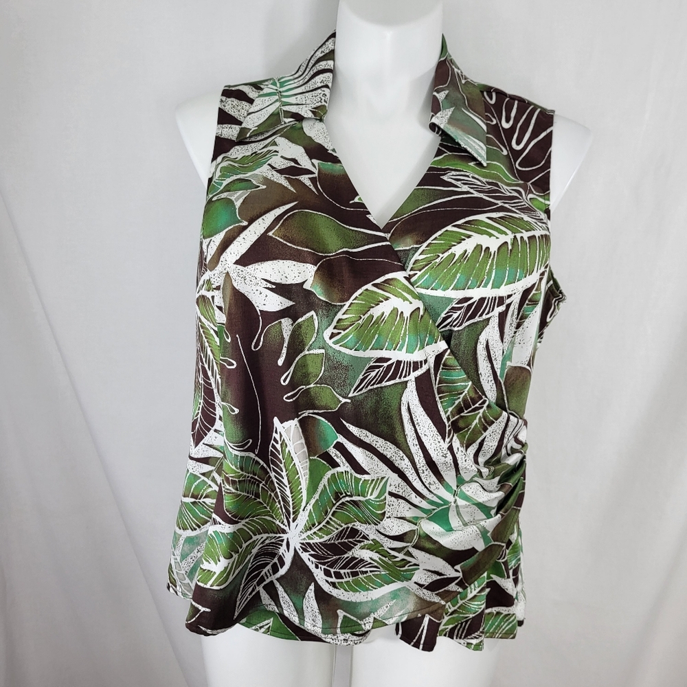 Jones New York Sleeveless TOP Womens Size 2X Green Brown Leaf Faux Wrap Side Zip